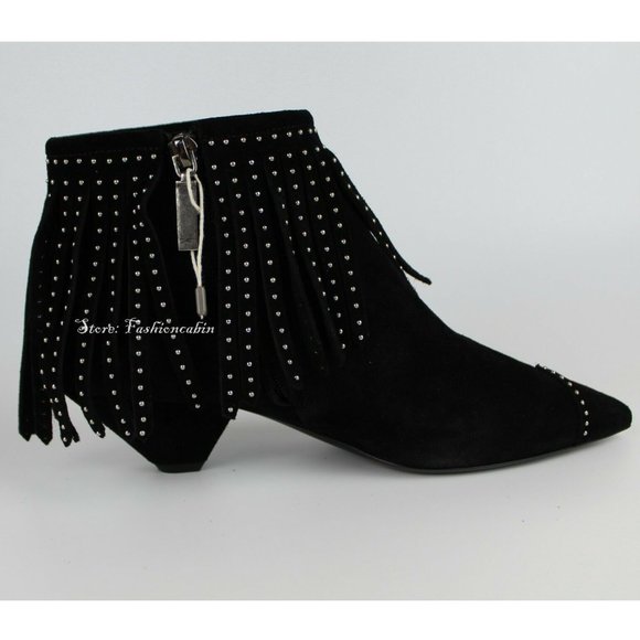 NEW SAINT LAURENT Blaze Laced Fringe Ankle Boots – Suede Studded Western Boots - Picture 5 of 15